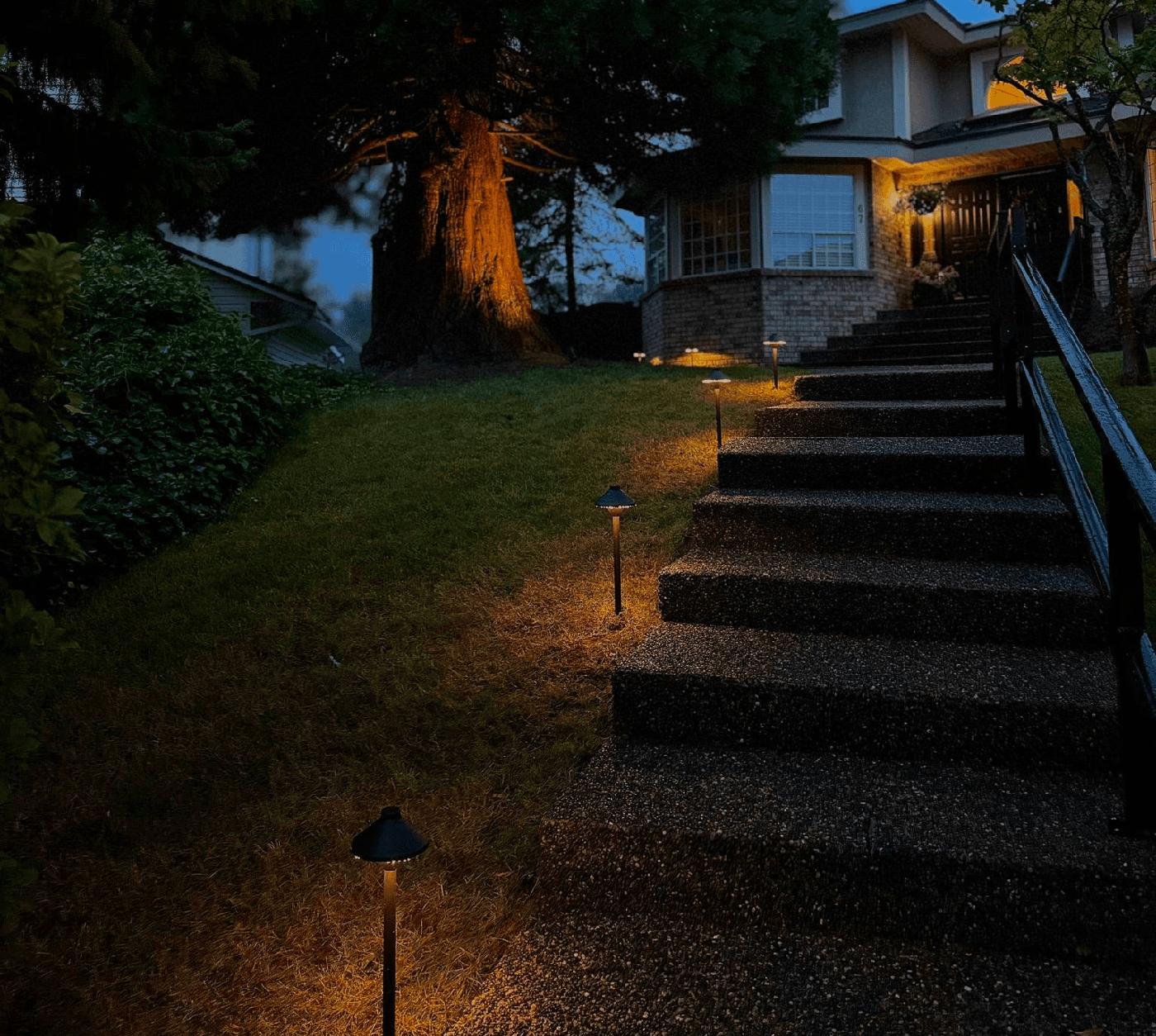 Nighttime landscape lighting on residential property